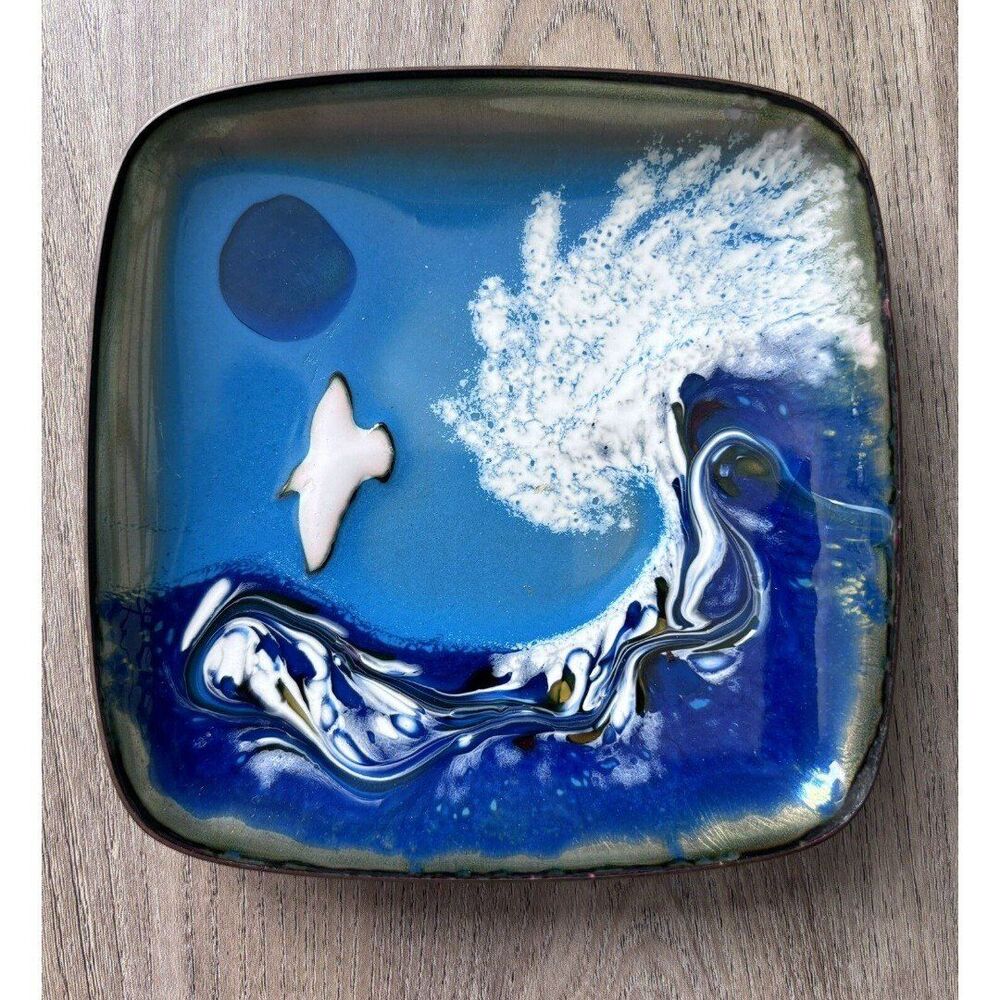 Vintage MCM Kevin Kareka Copper Enamel Square Trinket Dish Seagull Ocean Surf